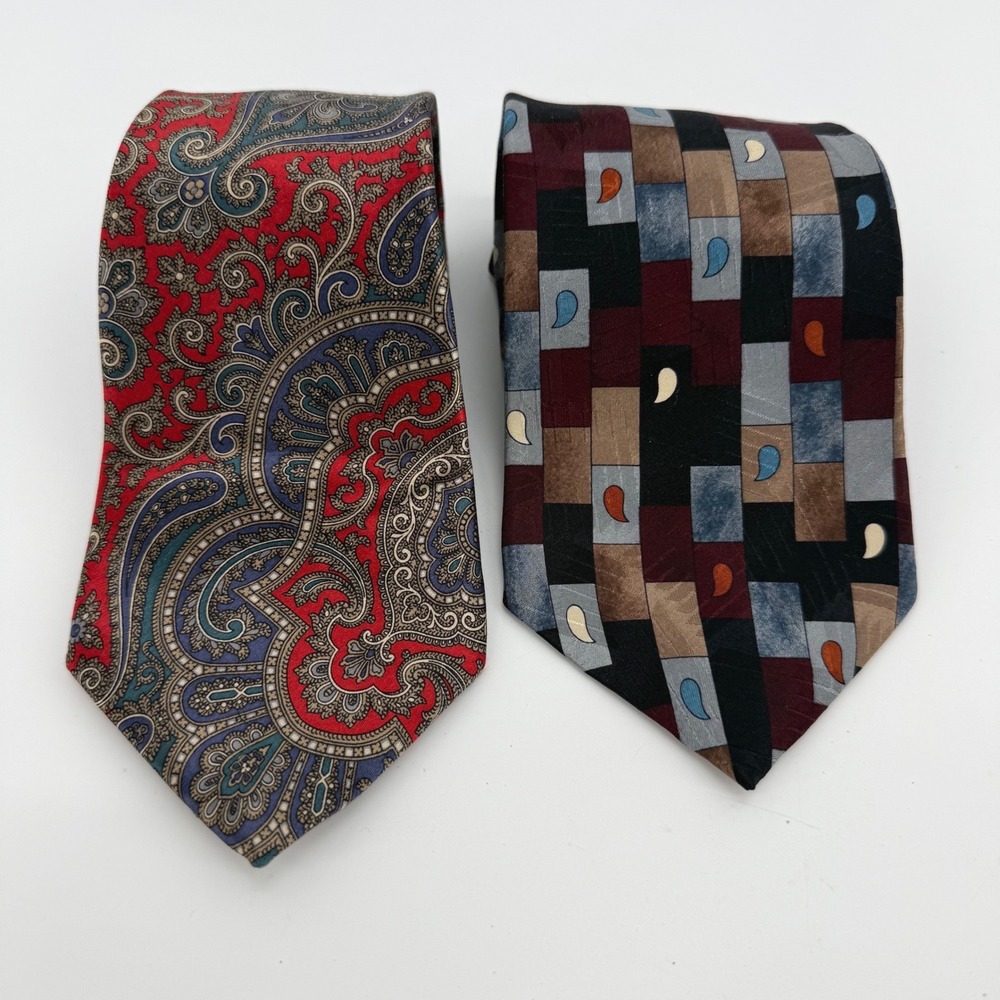 Oscar de la Renta Couture‎ Silk Tie Lot of 2 Paisley Geometric Red Burgundy USA
